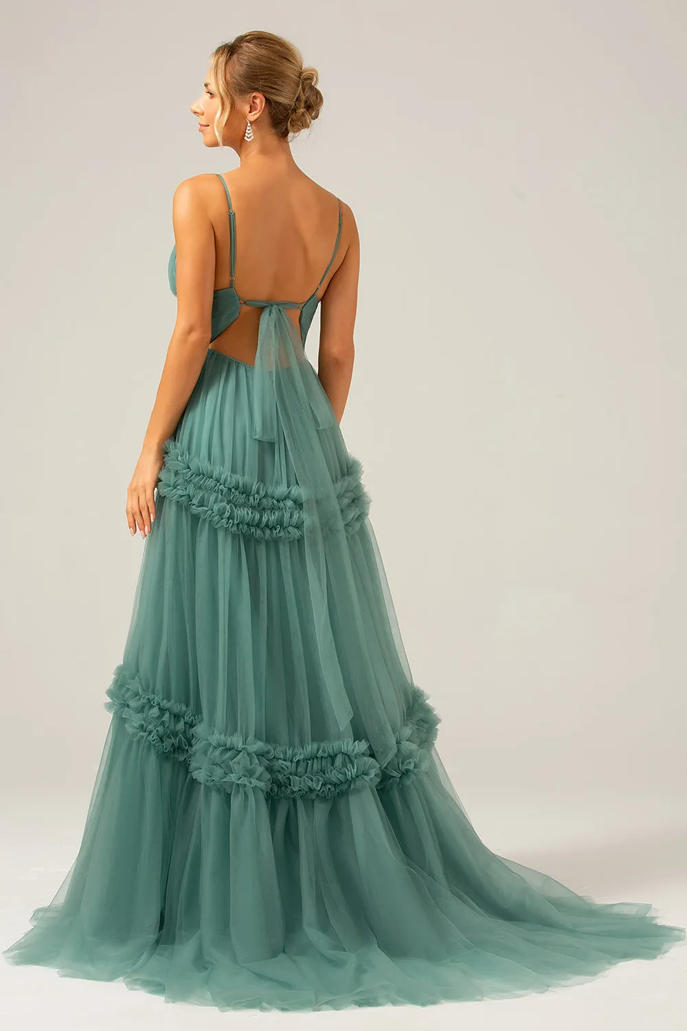 Abito Lungo Da Damigella D'onore In Tulle Verde A Line Spalline Sottili Con Volant