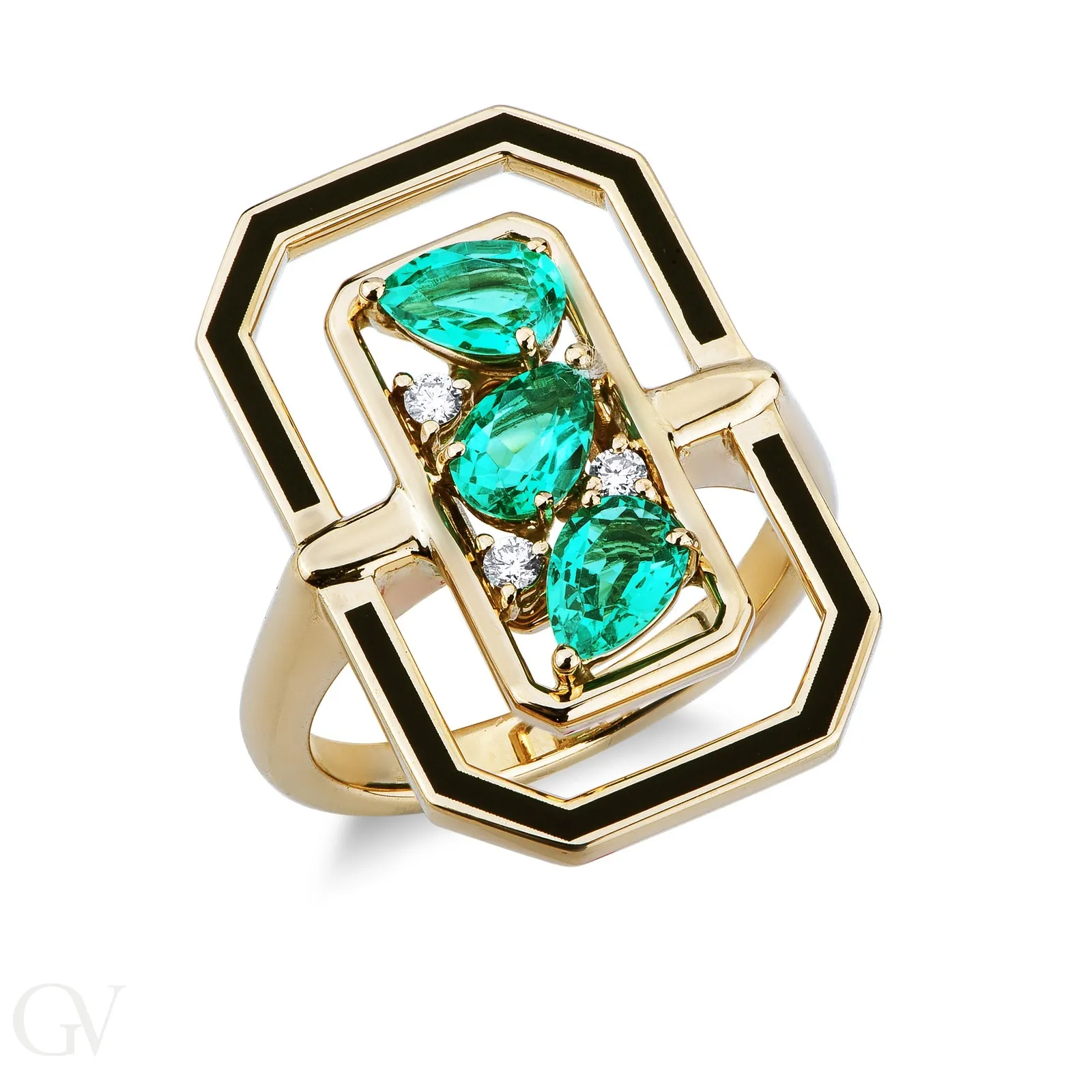 Anello in oro giallo 18k con 3 smeraldi a goccia e diamanti