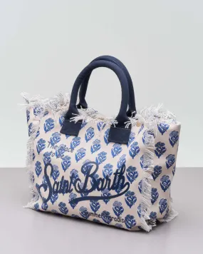 Borsa in canvas di cotone bianca a fantasia fiori ginkgo blu con scritta logo e manici blu
