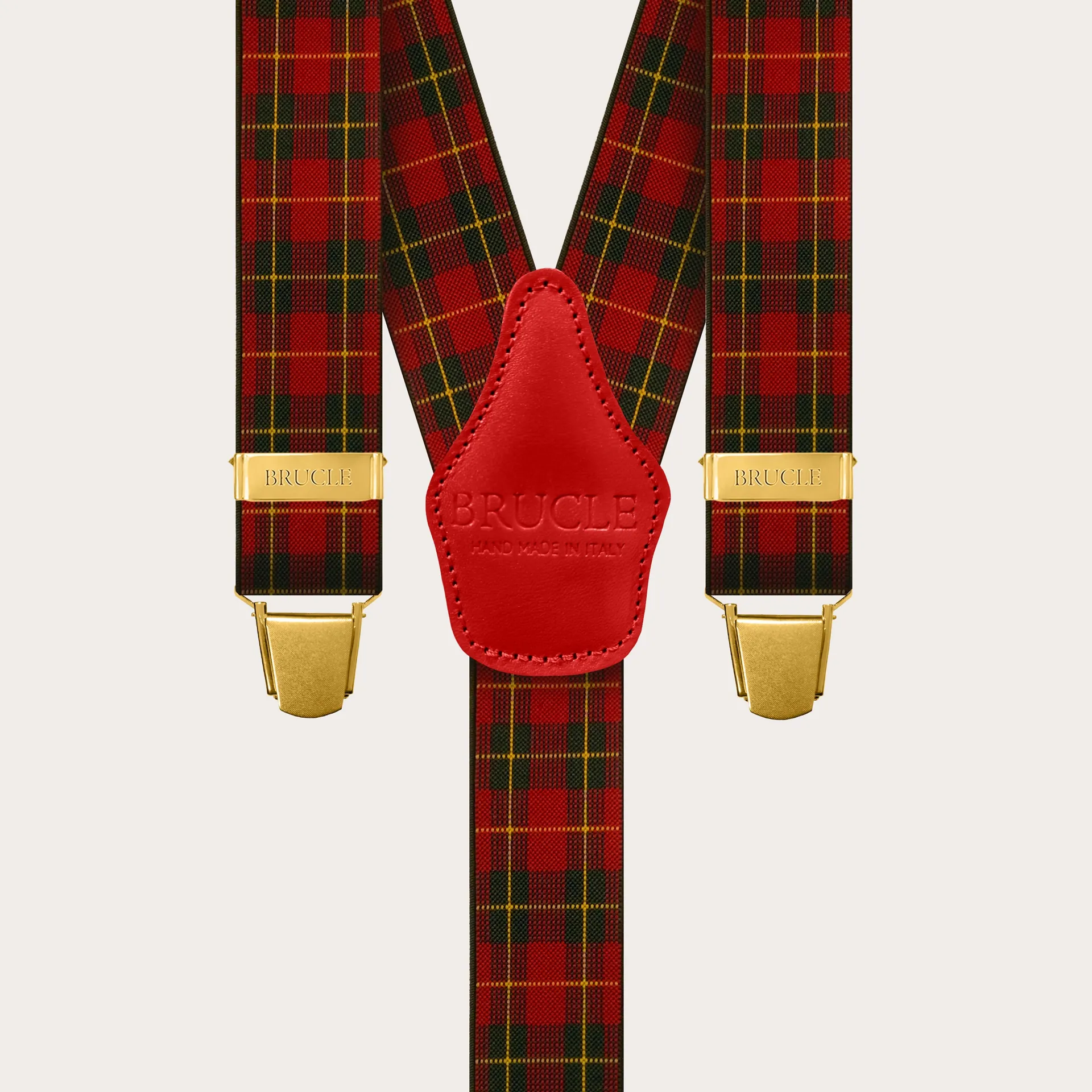 Bretelle unisex a Y scozzese rosso con clip oro