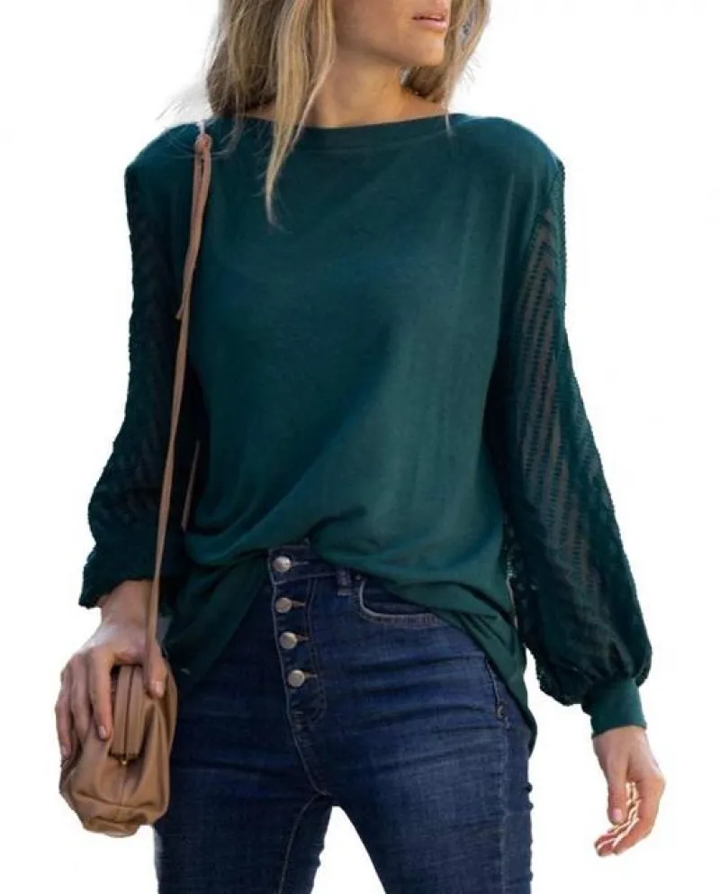 Camicetta Donna O Collo Ampia Applicazione Poliestere Volant Maglia Lunga Lady