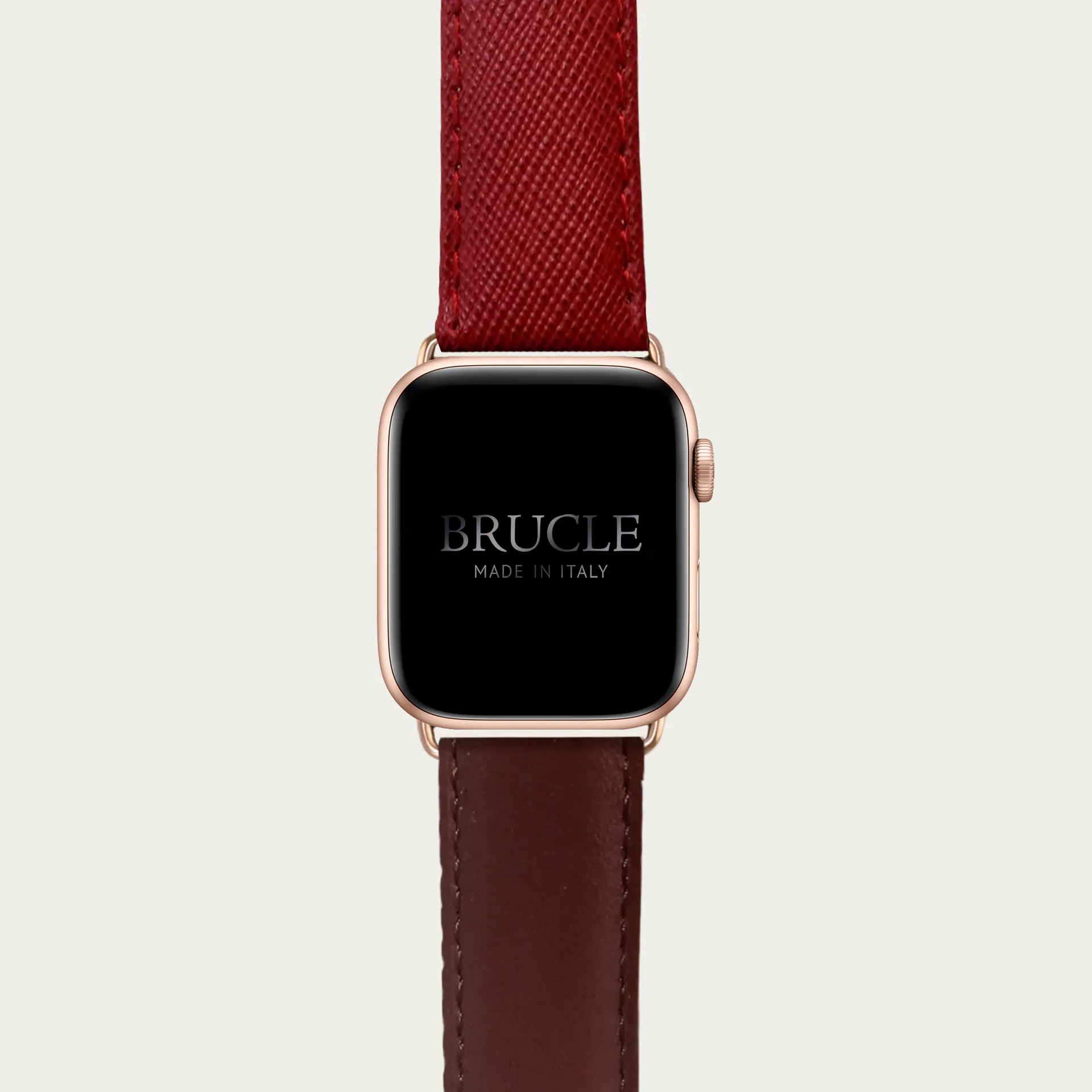 Cinturino bicolor in pelle stampata per orologio, Apple Watch e Samsung Galaxy Watch, saffiano rosso e marrone inglese