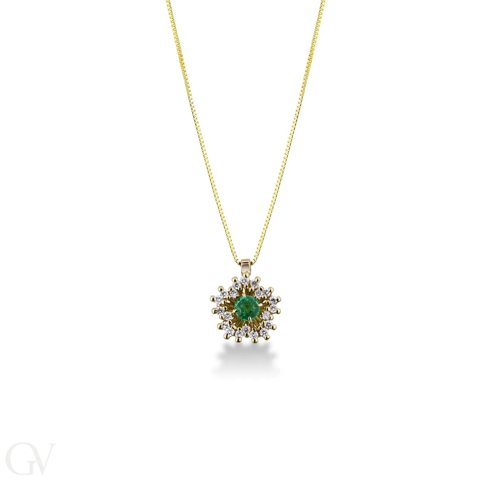 Collana in oro giallo 18k con pendente a fiore in diamanti e smeraldi