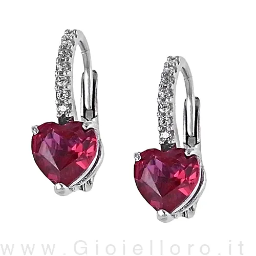 Orecchini Cuore in oro bianco e zirconi bianchi e colore rubino collezione Miami