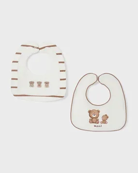 Set due bavaglini in cotone bianco e marrone con patch di orsetti 3 mesi