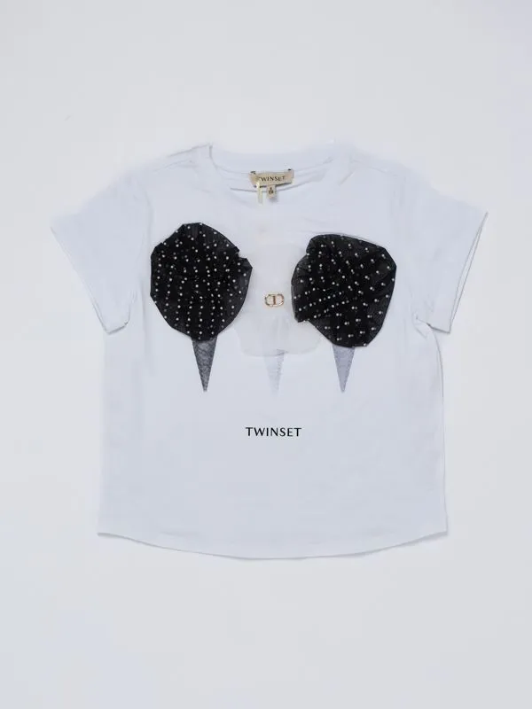 T-shirt bambina Twinset con dettagli in tulle Bianco-Nero