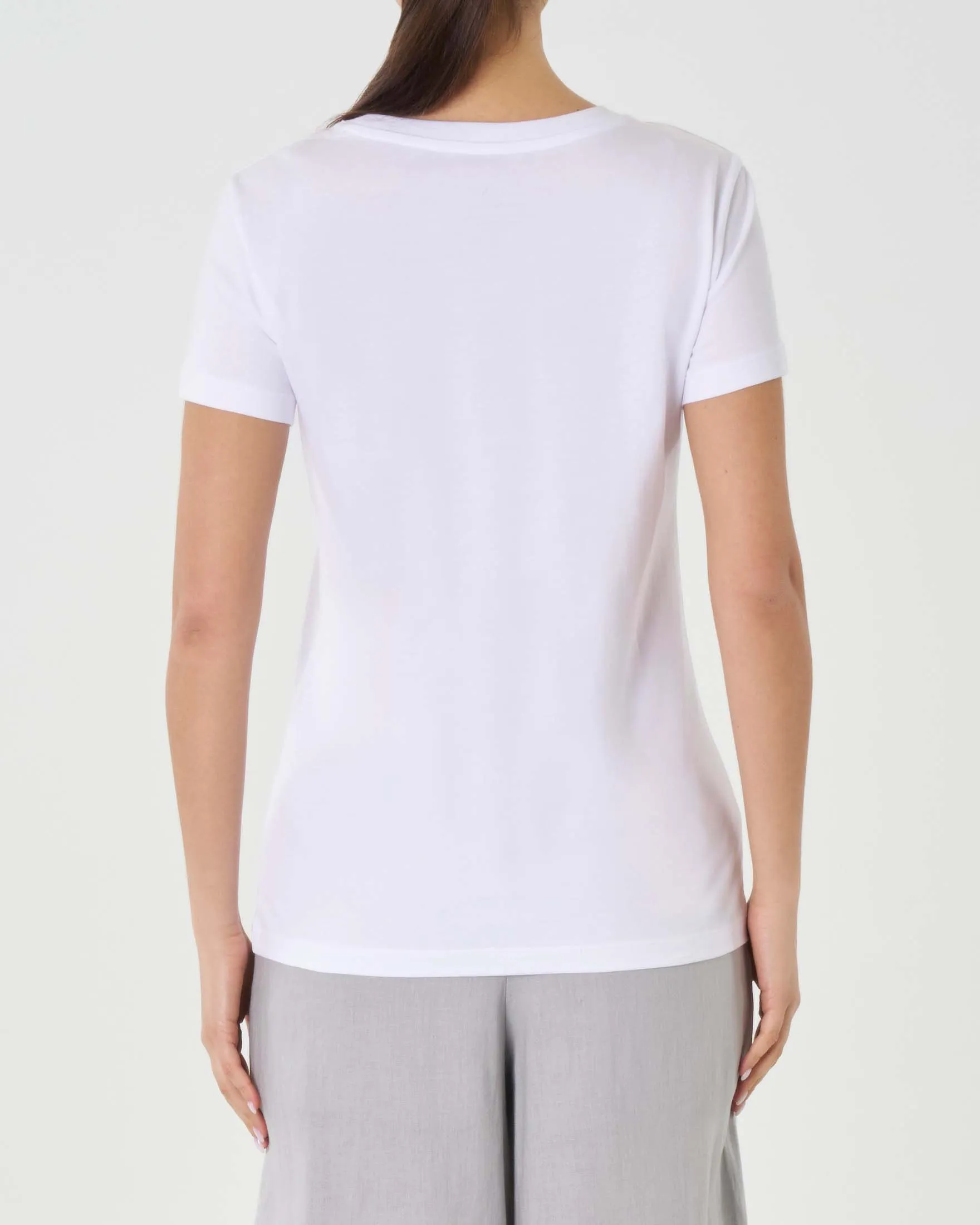 T-shirt bianca in cotone con scritta logo ricamata e stampata in bianco e nero