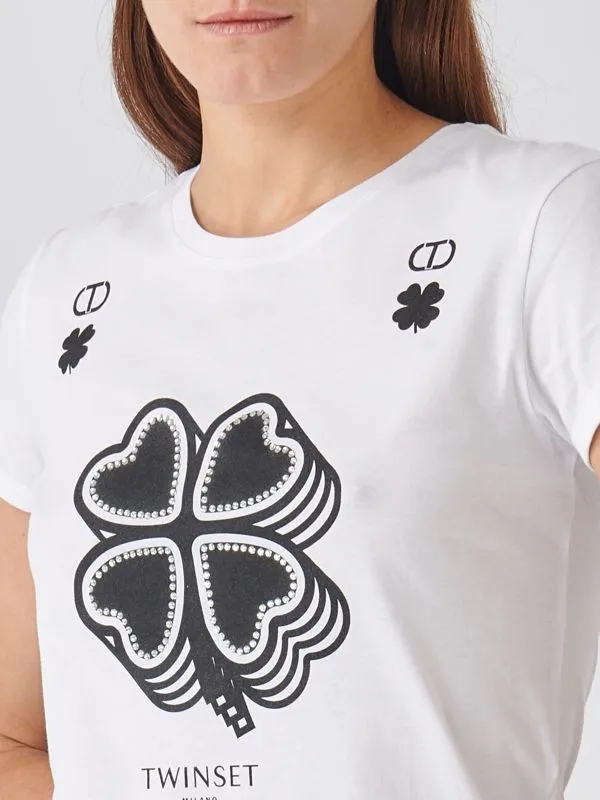 T-shirt donna Twinset in cotone con stampa quadrifoglio Bianco Ottico