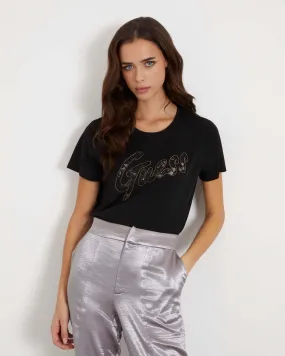 T-shirt nera regular in puro cotone con maxi scritta logo frontale in pizzo devoré con strass